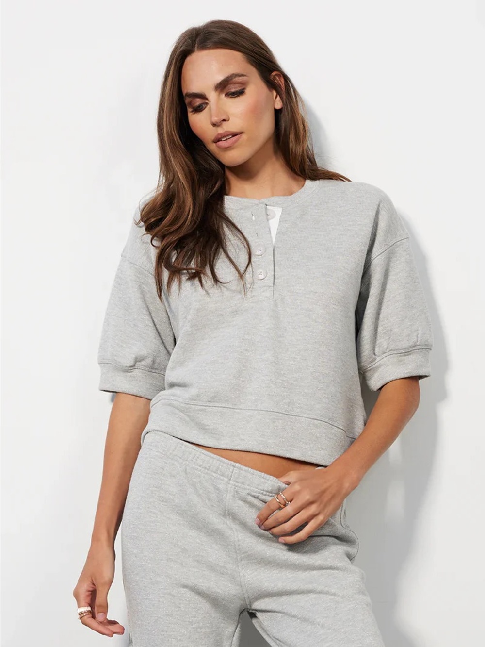 bobi Light Gray Short Sleeve Henley Sweatshirt